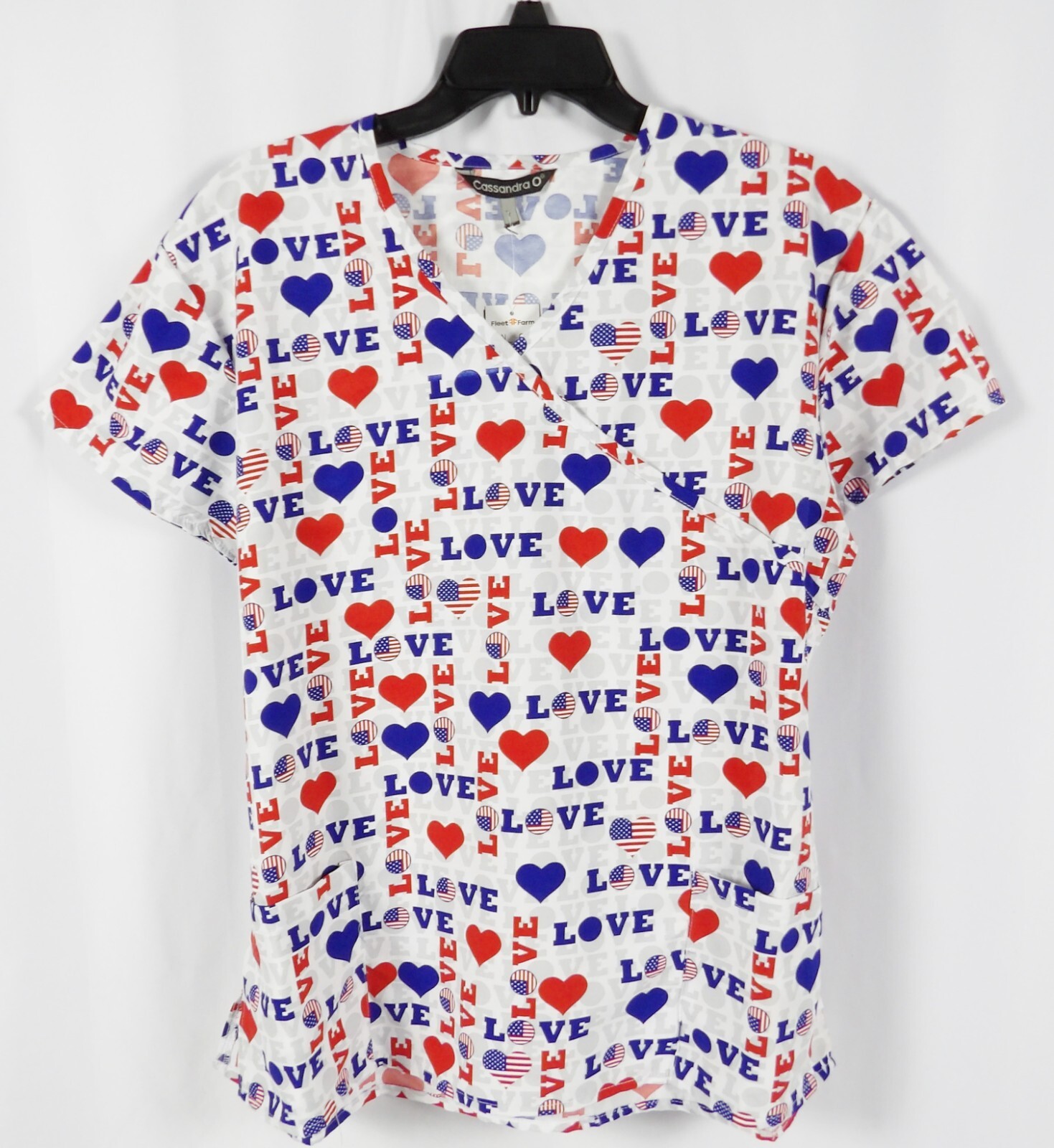 Cassandra O Patriotic Love Scrub Top 4th of July NWT V Neck & Tie Back Style