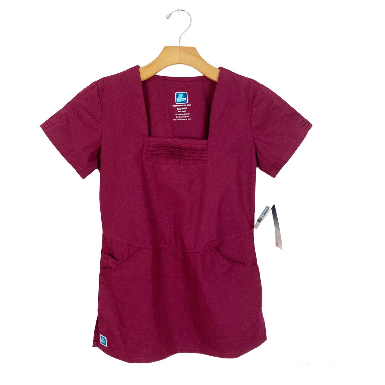 Adar Universal Pin Tuck Pleated Scrub Top Burgundy XXS New with tag