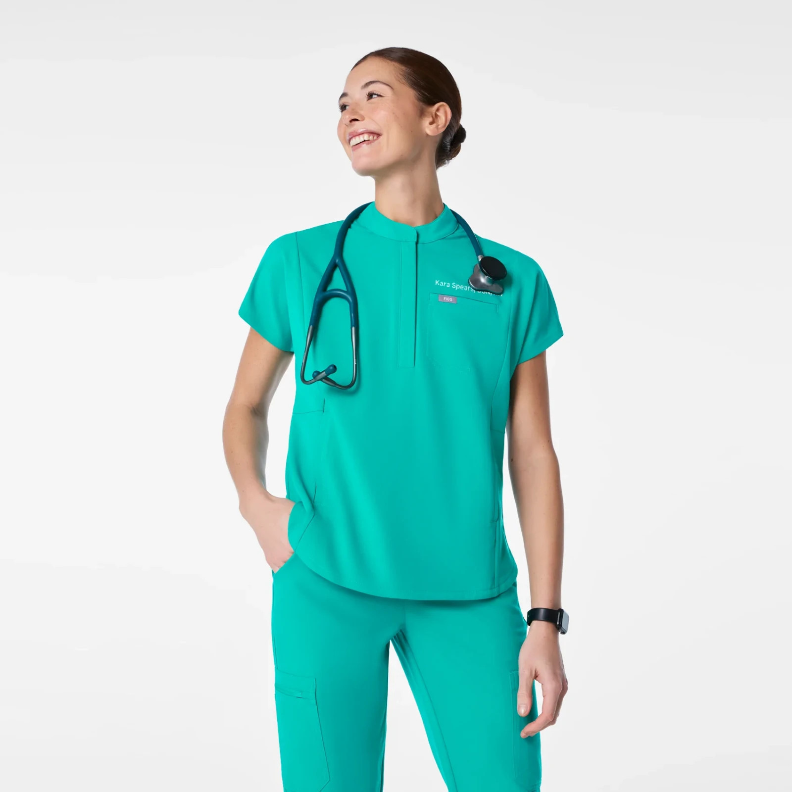 Figs Montex Relaxed Scrub Top in Lagoon, Size Medium