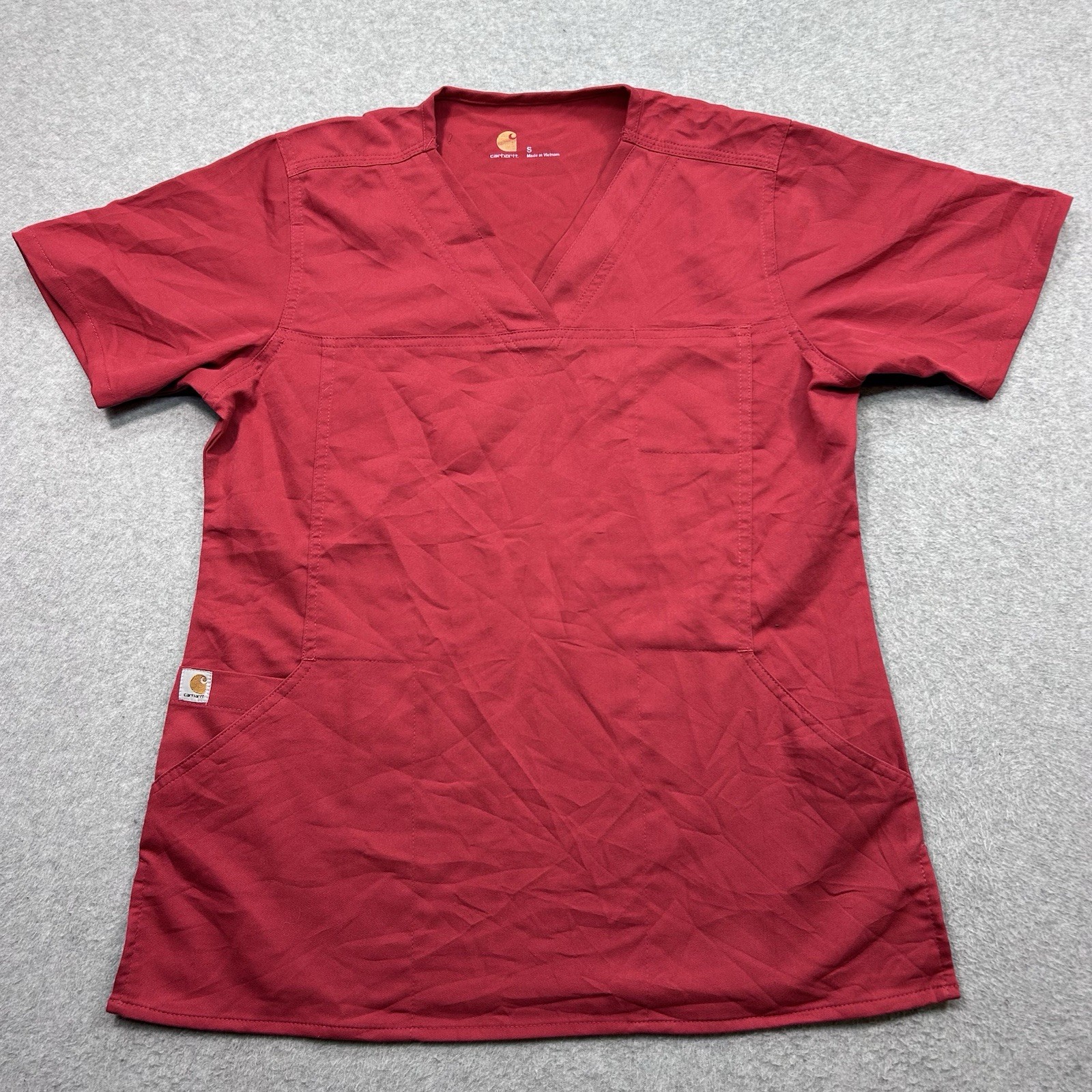 Carhartt Woman’s Top Red Scrub 3-Pocket V-Neck Utility Nurse Medical Size S