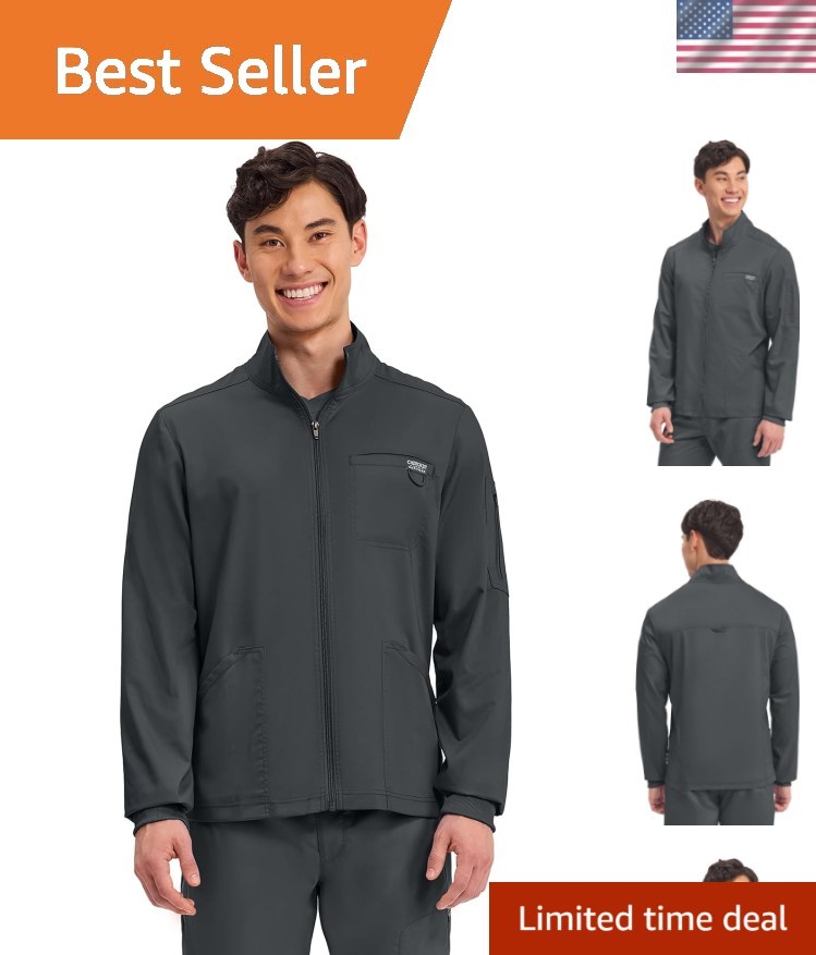 Scrub Jacket Men’s Zip Front Jacket with 5 Pockets, Bungee Loop, Rib-Knit Cuf…
