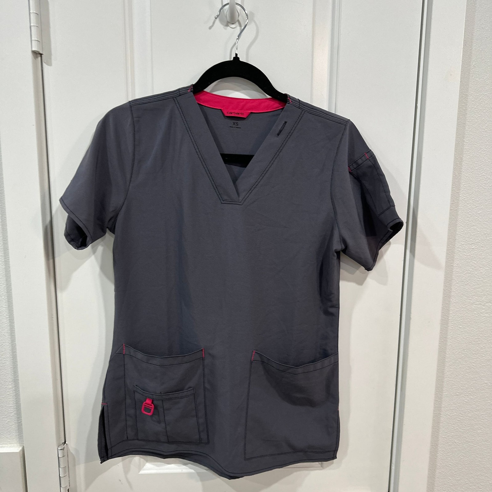 Carhartt Force Cross Flex V-Neck Scrub Top in Pewter Gray with Pink Accents