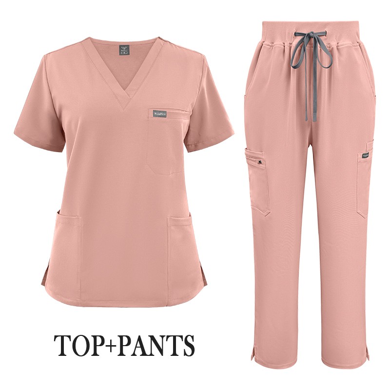 Polyester Rayon Spandex Medical Soft Scrub Uniform Set V-Neck Top Straight Pants
