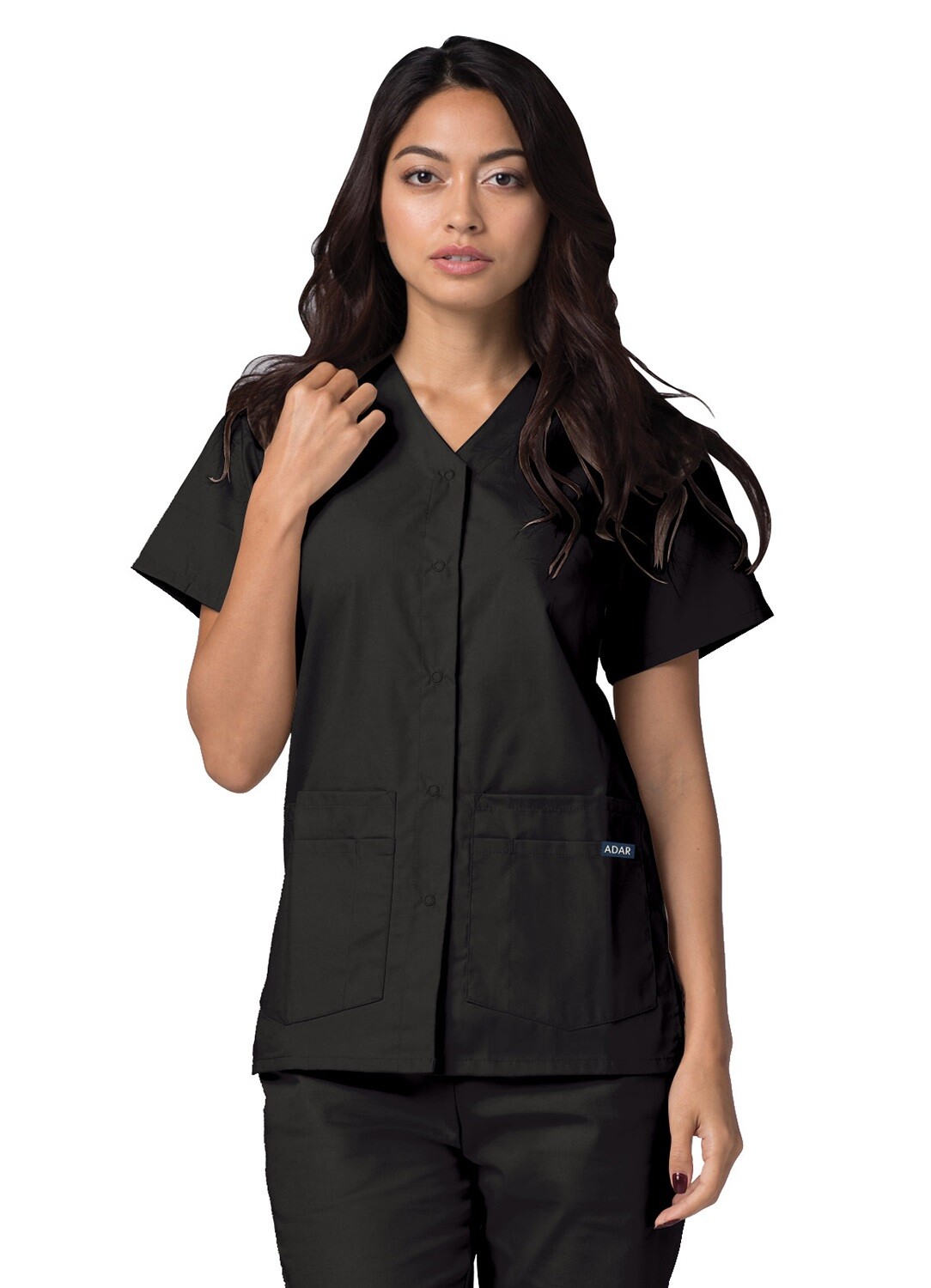 Adar Women Doctor Nurse Short Sleeve Snap Front V Neck Double Pocket Scrub Top