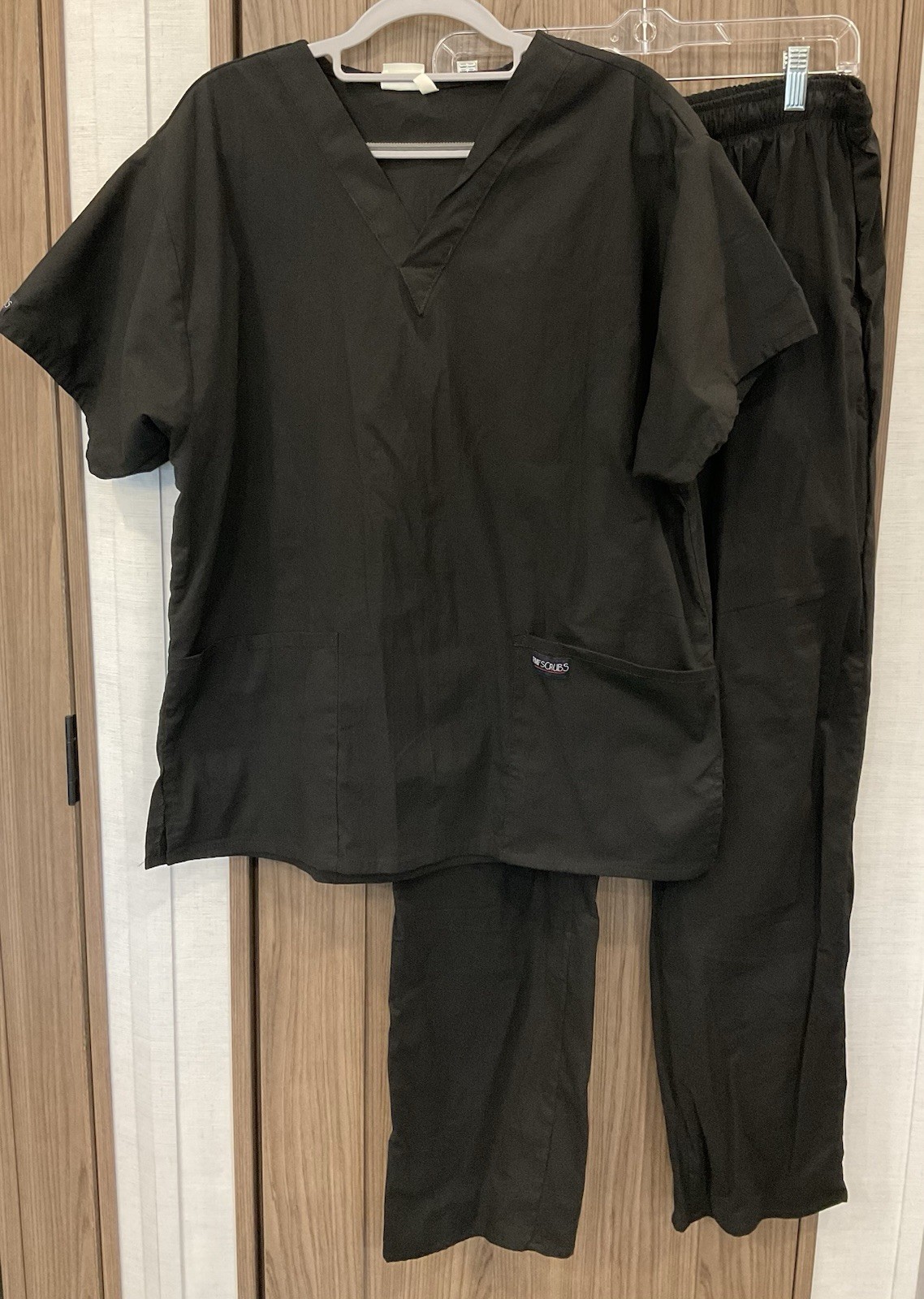 Unisex Black Medical Scrubs Elastic Waist Pants W/pockets & Shirt Set Large