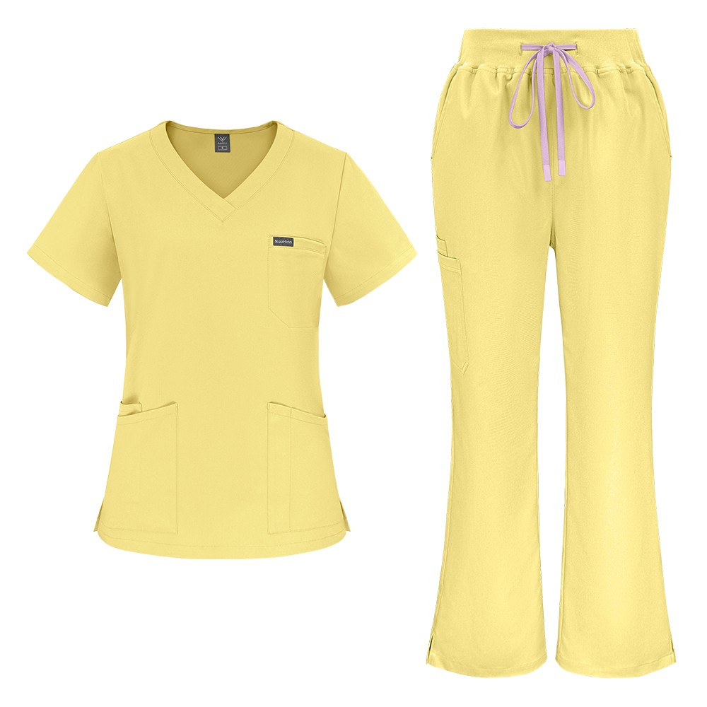 Women Medical Nursing Scrub Uniform Set V-Neck Tops Flare Pants Multi-color