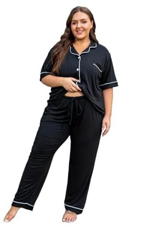 Women’s Plus Size Pajamas Button Down Shirt and Pants Soft 3X-Large Black