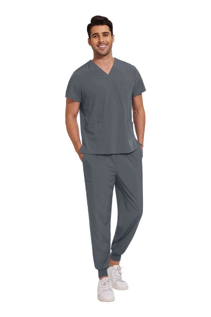 Grey Nurse Scrub Set for Men Medical Uniform Jogger Pants Pockets S M L XL 2XL