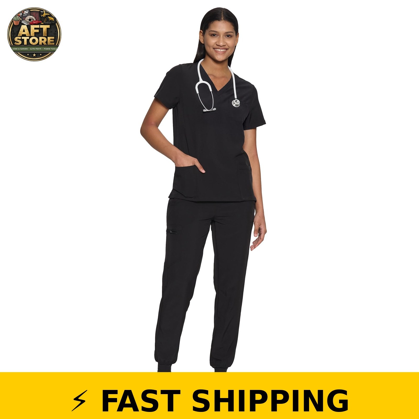 COZYFIT Women’s Scrubs Set – V-Neck Top & Jogger Pant, 8 Pockets