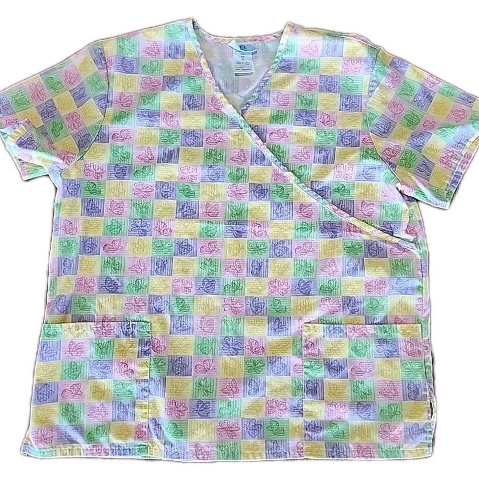 Butterfly Cotton Blend 2-pocket V-neck Surplice Yellow Pink Purple Green XL