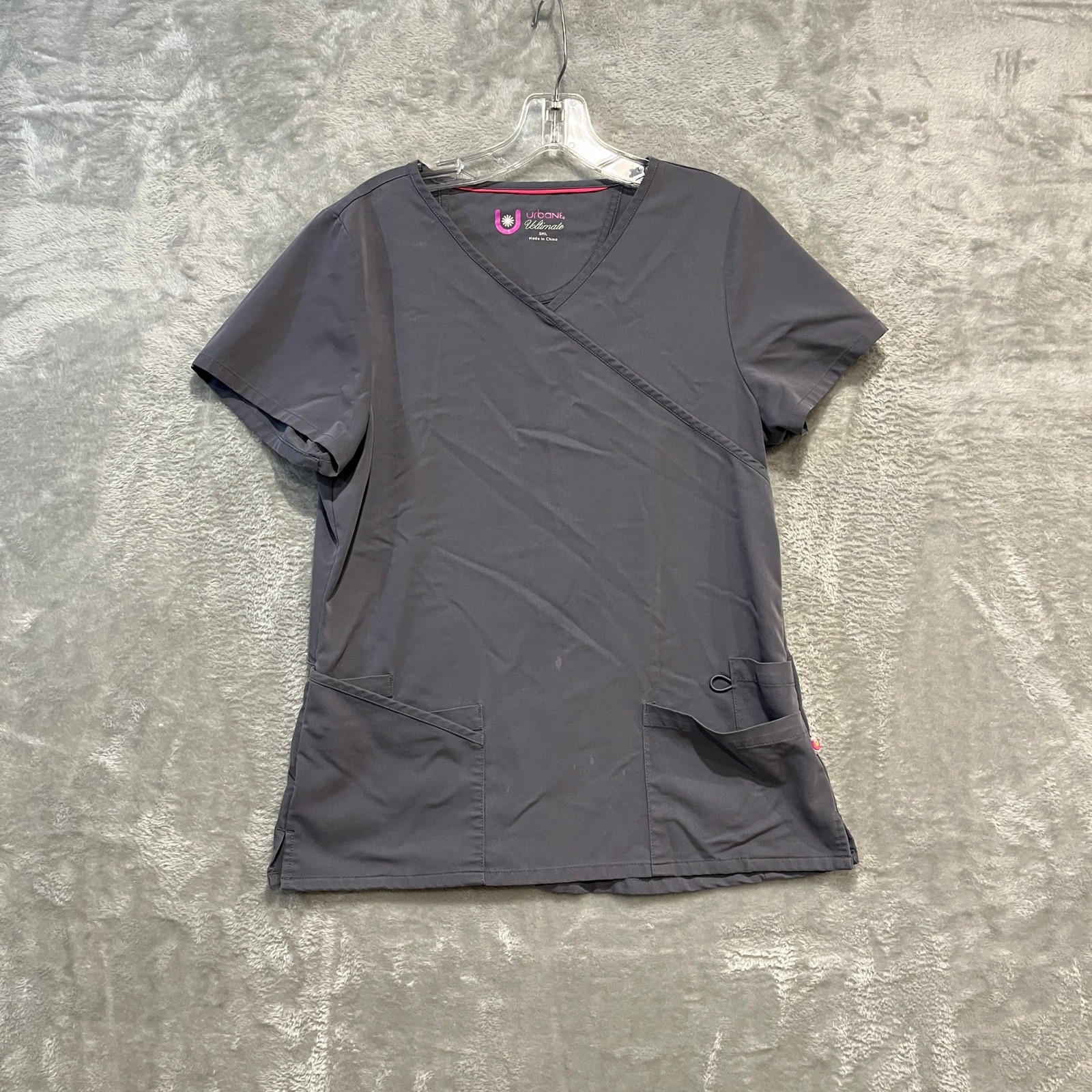 Urbane Ultimate Scrub Top Womens Small Gray Mock Wrap V-Neck 9577