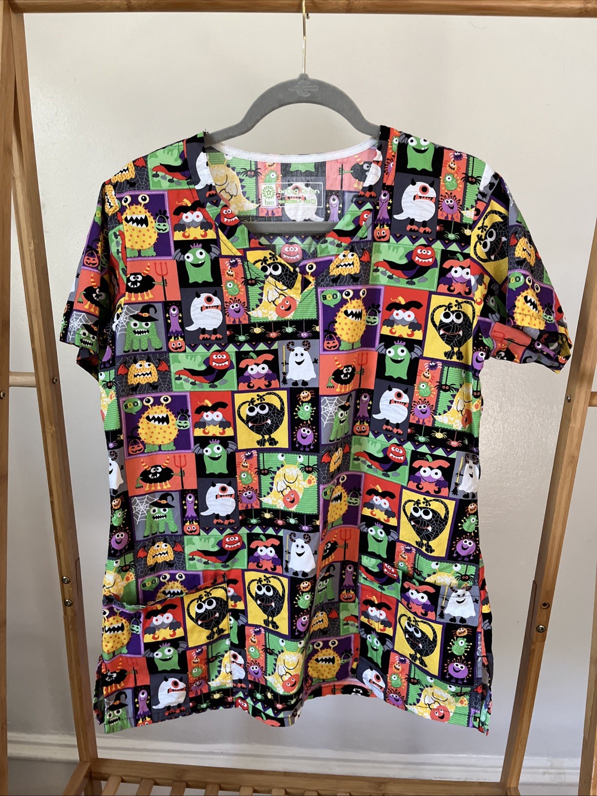 Women, Medium V-Neck Scrub Top Halloween Monsters