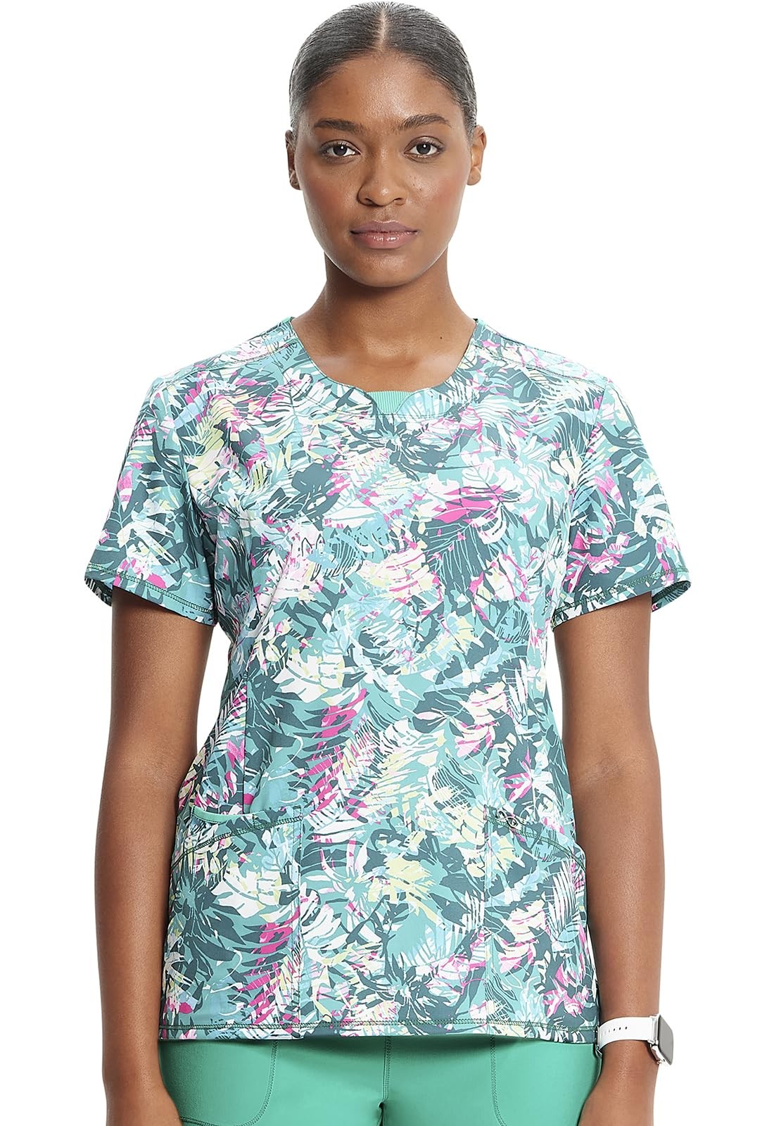 Infinity Women Scrubs Top Round Print Neck CK609, XL, Tropic Texture