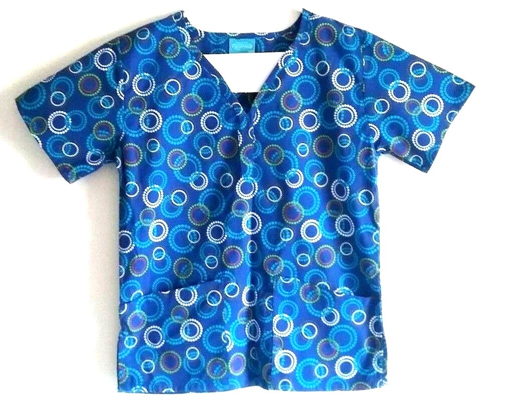 The Scrub Company Blue Geometric Circle Pattern Scrub Top Womens Small