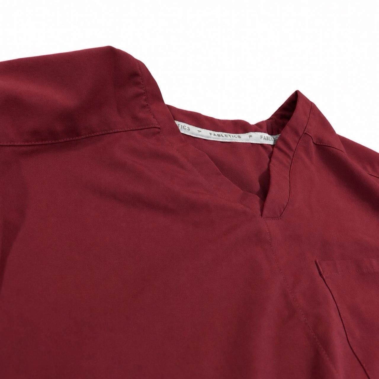 Fabletics Unisex Burgundy Solid V-Neck Scrub Top Short Sleeve Chest Pocket