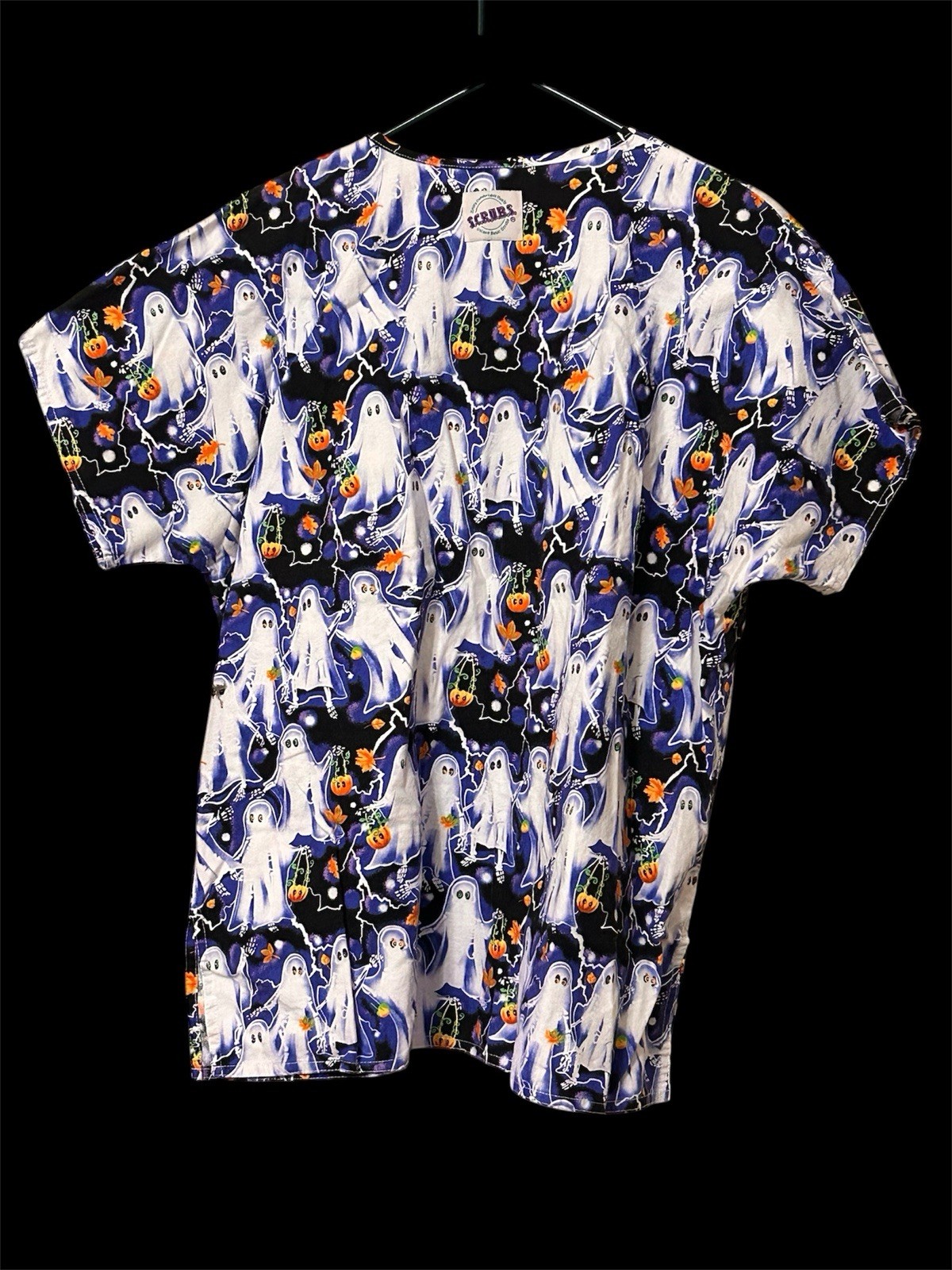 S.C.R.U.B.S. AOP Ghost Halloween Scrub Top RN Medical Pro Large Vintage Size L