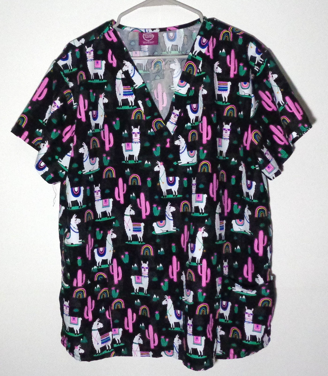 Women’s Black Scrub Top With Cute Llamas by Divine Curves-Size 1X