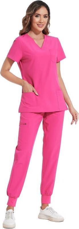 COZYFIT Scrubs Set for Women Top & Pants Size XS Hot Pink W/ 8 Pockets
