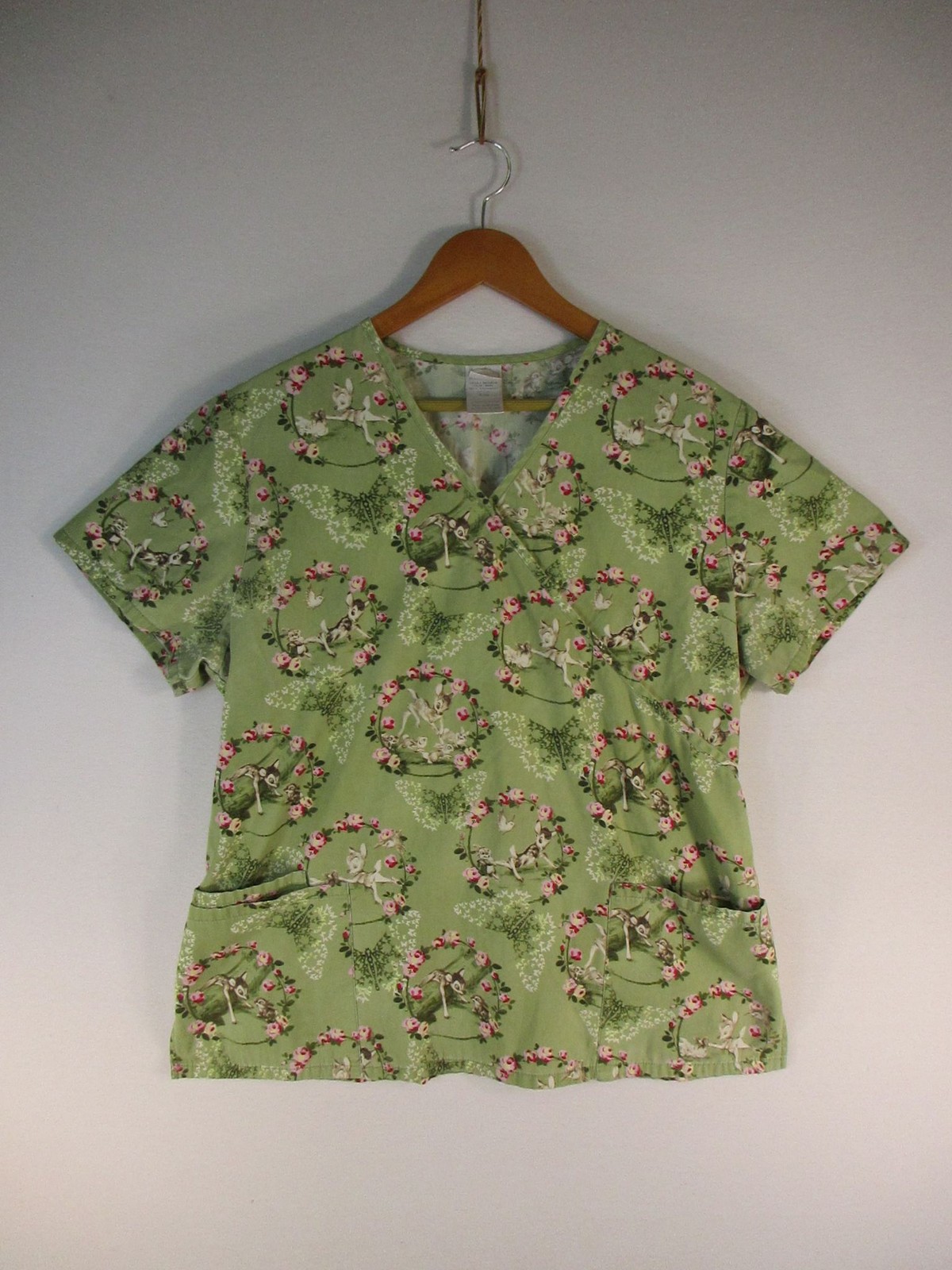 Disney Scrub Top Womens L Floral Bambi Deer Green VNeck Short Sleeve Pockets